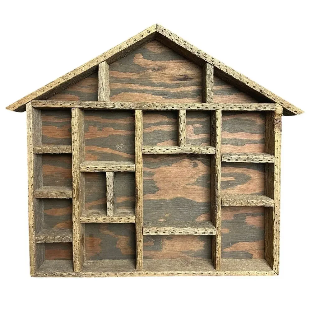 Vintage primitive wood trinket shelf house shape knick knacks display rustic 16”